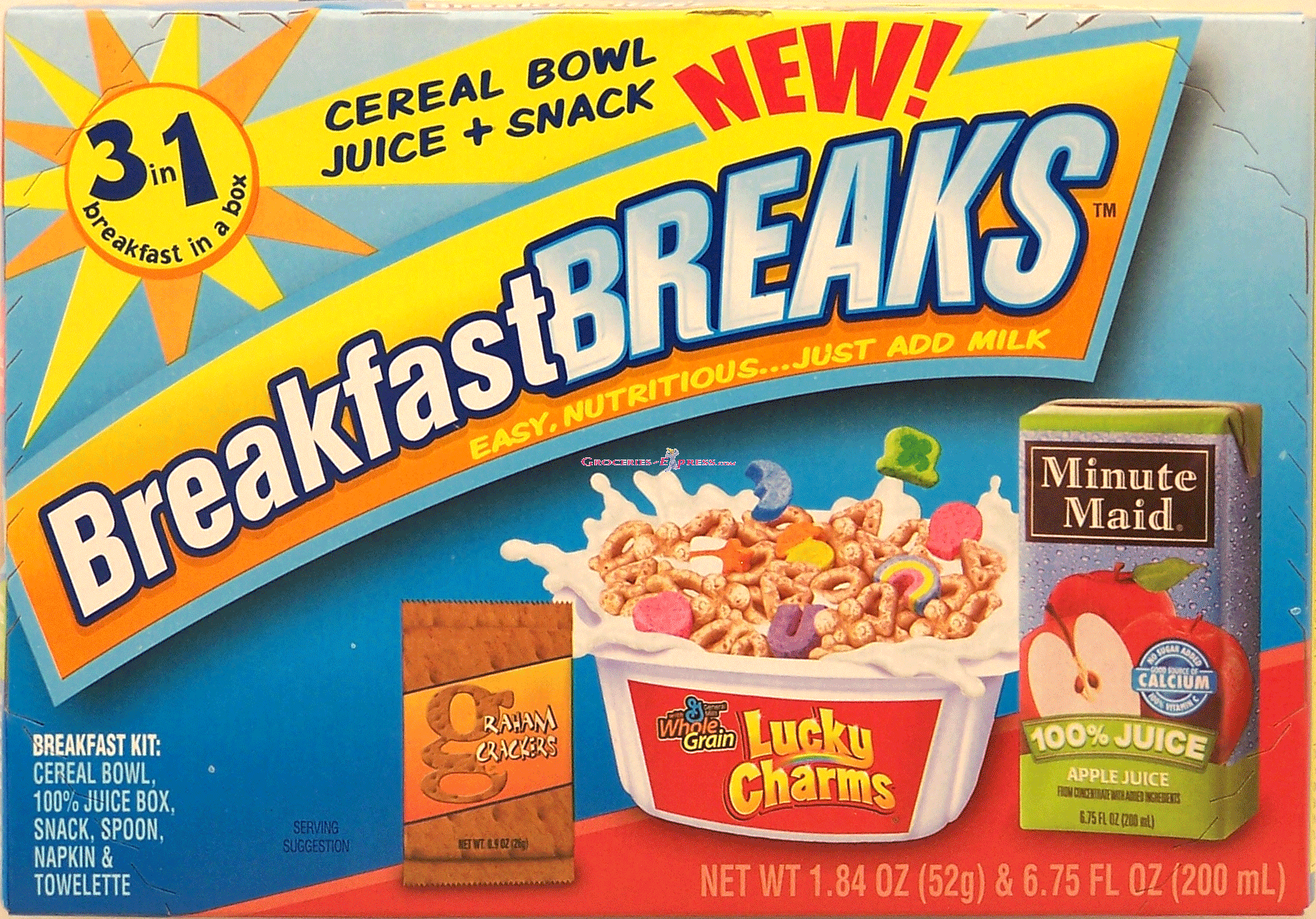 Breakfast Breaks&nbsp;&nbsp;lucky charms marshmallow cereal, minute maid apple juice, graham crackers breakfast kit Full-Size Picture